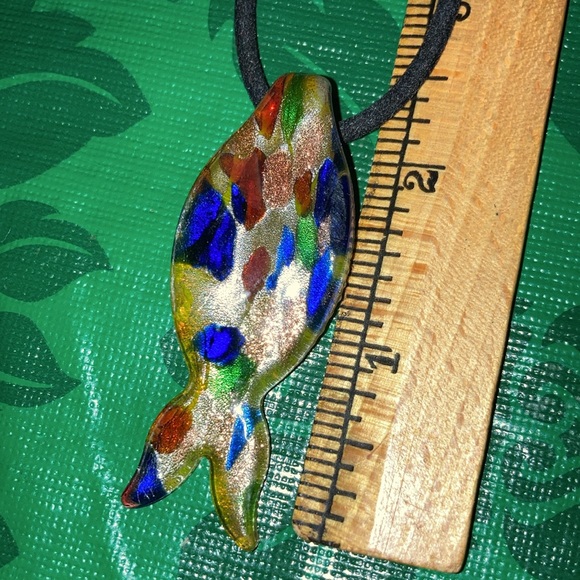 Murano glass fish, multicolored on black suede cord necklace. $25 - Picture 2 of 3